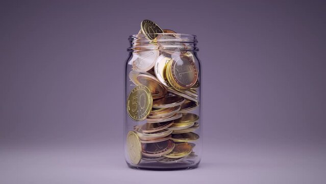 Coins falling inside glass jar until fill it over. Money saving, growing finance, economy concept. Donations, retirement, investment money. Monetary reserve. Banking, deposits 3D Render 4K animation 