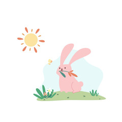 Cute pink buuny hold a flower looking at little yellow butterfly in sunny day flat vector illustration isolated on white background. Happy Easter. Cute pastel animal character.