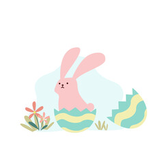 Cute pink buuny inside easter egg vector illustration isolated on white background. Happy Easter. Cute pastel animal character.