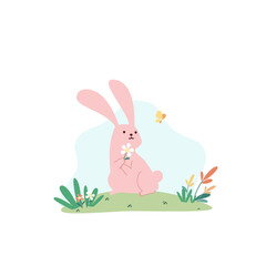 Cute pink buuny hold a whiteflower looking at little yellow butterfly in sunny day flat vector illustration isolated on white background. Happy Easter. Cute pastel animal character.
