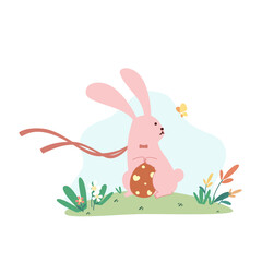 Cute pink buuny hold an easter egg looking at little yellow butterfly flat vector illustration isolated on white background. Happy Easter. Cute pastel animal character.