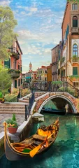 Gordijnen Venice's sunny canal with gondolas © An