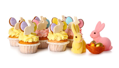 Yummy Easter cupcakes with eggs and bunnies on white background