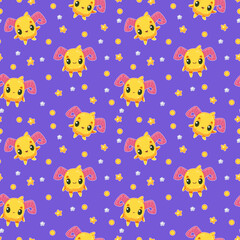 Seamless pattern with a cute yellow alien on a purple background. Vector illustration in a minimalistic flat style, hand drawn. Cute monster print for print design, postcards.