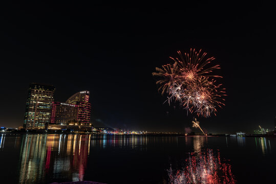 A night shot of fireworks for the opening of Dubai Festival city Ripe Market DFC