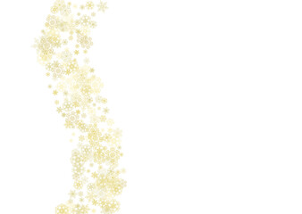 Glitter snowflakes frame on white horizontal background. Shiny Christmas and New Year frame for gift certificate, ads, banners, flyers. Falling snow with golden glitter snowflakes for party invite