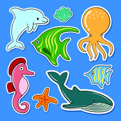 sticker collection of whales, dolphins, starfish, sea horses, fish, octopuses, shells free vector