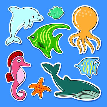 sticker collection of whales, dolphins, starfish, sea horses, fish, octopuses, shells free vector