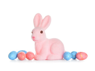 Cute Easter bunny and eggs on white background