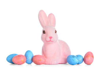 Cute Easter bunny and eggs on white background