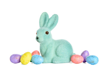 Cute Easter bunny and eggs on white background