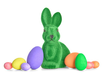 Cute Easter bunny and eggs on white background