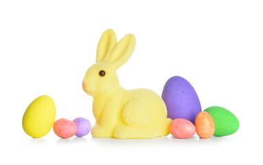 Cute Easter bunny and eggs on white background