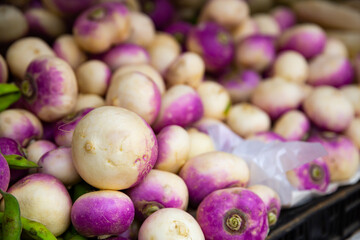 Obraz na płótnie Canvas Fresh organic purple turnips in boxes on market shelves for sell