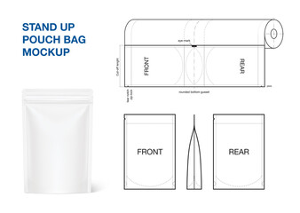 Stand-up pouch bag mockup with layout. Vector illustration isolated on white background. Front view. Great for presenting a future product. EPS10.	