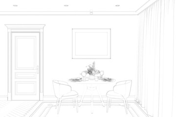 A sketch of the modern classic dining room with a blank horizontal poster above a served table, two chairs, a classic door, a window with curtains, a carpet on the parquet floor. 3d render