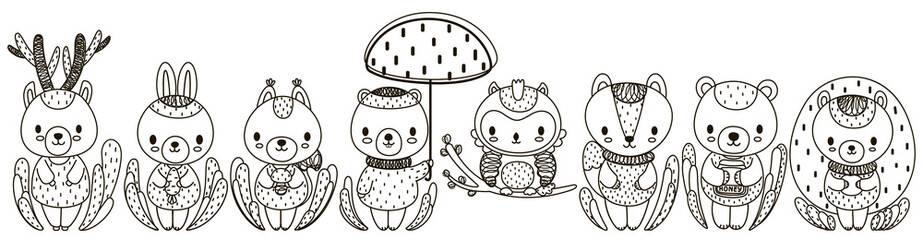 Set of black and white cute cartoon forest animals. Isolated deer, hare, squirrel, beaver, owl, fox, bear, hedgehog. Monochrome clip art for coloring book or page, baby products, stickers. Vector.
