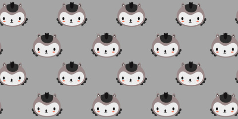 Seamless pattern of cute cartoon faces of owlets. Children's texture on a gray background. For textile, kids clothes, nursery wallpaper. Forest nocturnal bird heads in Scandinavian style. Vector.