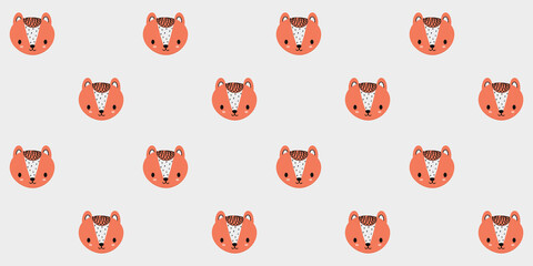 Seamless pattern of faces of little cute foxes on a white background. Lovely endless texture stylized in Scandinavian style for toddlers clothes or graphic design. Vector.