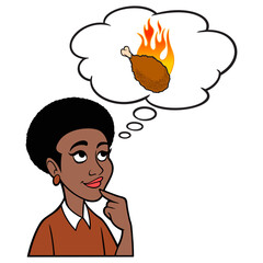 Black Woman thinking about a Hot Wing - A cartoon illustration of a Black Woman thinking about a Hot Wing.