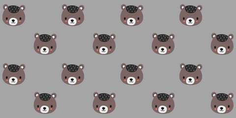Seamless pattern of faces of baby bears. Cartoon cute texture  for kids on gray background for fabric, nursery wallpaper. Vector.