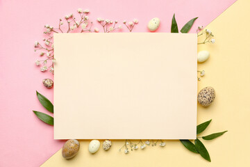 Composition with sheet of paper, Easter eggs and flowers on color background