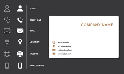 Empty White Business Card Template on Black Background. Contact Information Icons Set. Address, Mobile Phone, Location, Name, Mail, Website Icons Set. Blank White Business Card. Vector Illustration