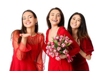 Beautiful young women with flowers on white background. International Women's Day celebration