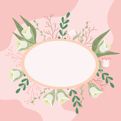 Place for recording. Flowers and plants. Pink background. Tablet. Vector Stock illustration. Romantic background. Decoration. Invitation