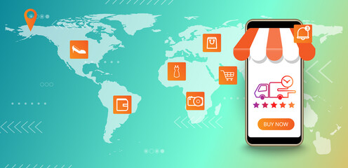 Online shopping. Worldwide delivery with smartphone application store concept. Business icon. World of map background. Vector illustration