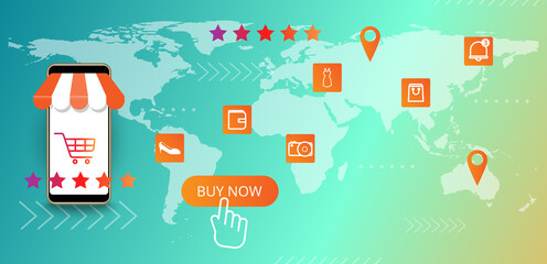 Online shopping. Worldwide delivery with smartphone application store concept. Business icon. World of map background. Vector illustration