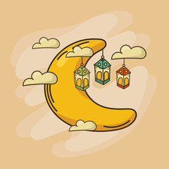 moon clouds and lanterns perfect for celebrating ramadan hand draw style