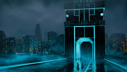 3d illustration of a glowing sci-fi gate leading to a futuristic city - digital fantasy painting