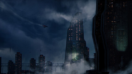 3d illustration of a dark sci-fi dystopia with large towers and foggy enviornment - digital fantasy painting