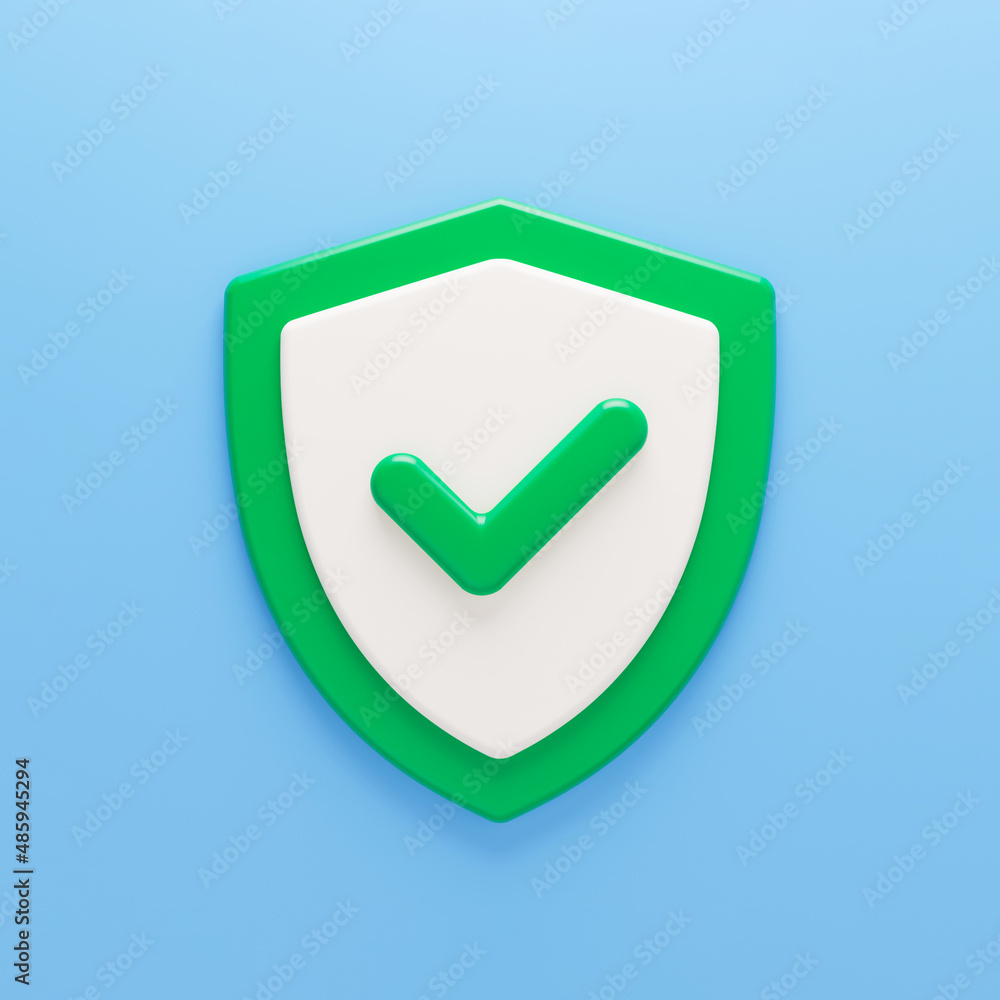 Poster 3d protection shield icon. green shield with correct sign. web secure and guarding system concept. 3