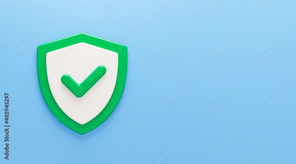 Poster 3d protection shield icon. green shield with correct sign. web secure and guarding system concept. 3