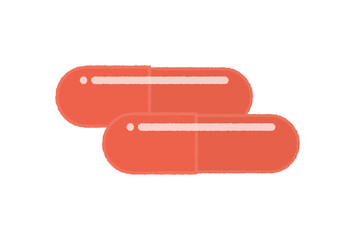 二つの赤いカプセル型の飲み薬 - かわいい手書きの新型コロナウイルスの治療薬・1回2錠のイメージ素材
