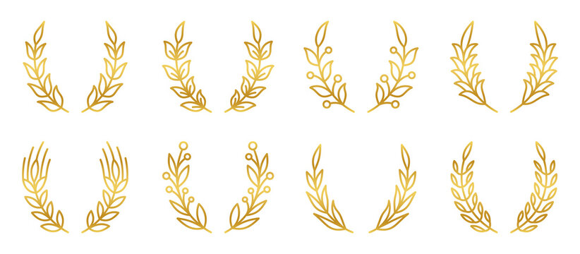 Gold branch wreath set. Label heraldic gerb element. Success award sign. Laurel spikelet circlet. Natural leafy object winner line kit. Plant pattern award success. Vintage badge circular shape frame