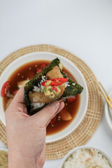 Pickled shrimp Korean Soy Sauce Marinated Korean Food Style Served Seaweed and Rice recipe.  Traditional Korean food.