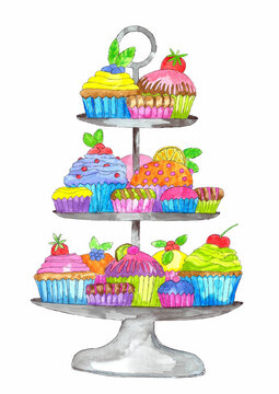 Colorful cupcakes on cake stand