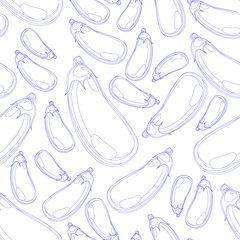 Vector seamless background. Contour drawing of eggplant. Imitation of a sketch by a pen. Blue outline isolated on white. 