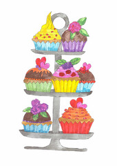 Colorful cupcakes on cake stand