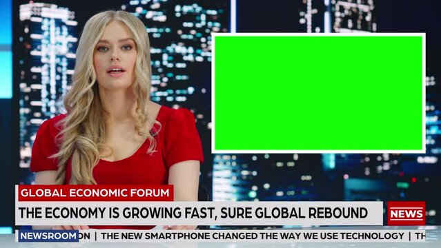 Newsroom TV Studio Live News Program: Female Presenter Reporting, Green Screen Chroma Key Screen Picture. Television Cable Channel Anchor Talks. Network Broadcast Mockup Playback of Late Night TV Show