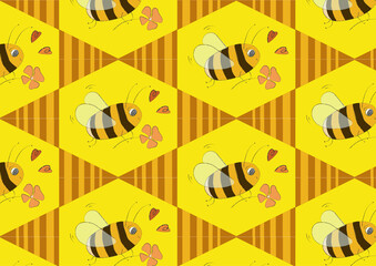 pattern with a yellow background with a flying bee