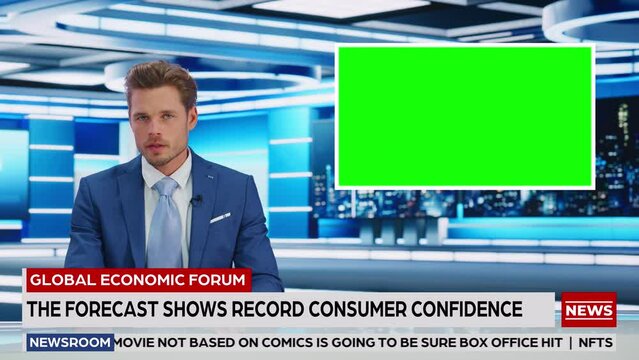 Newsroom TV Studio Live News Program: Caucasian Male Presenter Reporting, Green Screen Chroma Key Screen Picture. Television Cable Channel Anchor Talks, Listens. Network Broadcast Mock-up Playback