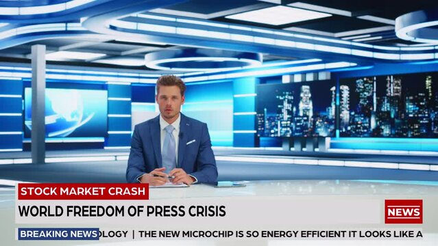 TV Live News Program: Presenter Reporting On the Events, Stock Market Economy Analysis, Running Line. Television Cable Channel Newsroom Studio: Anchorman Talks. Broadcasting Network Playback. Zoom in