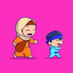 cartoon illustration of mother chasing her son