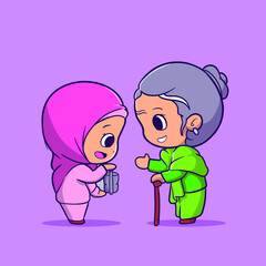 illustration of a girl giving food to a grandmother