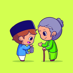 illustration of a boy giving food to a grandmother