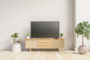 Modern interior with TV and cabinet on white color wall background.